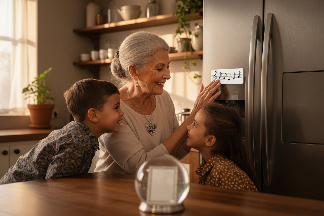 Grandmother with grandchildren pressing musical magnet - joy