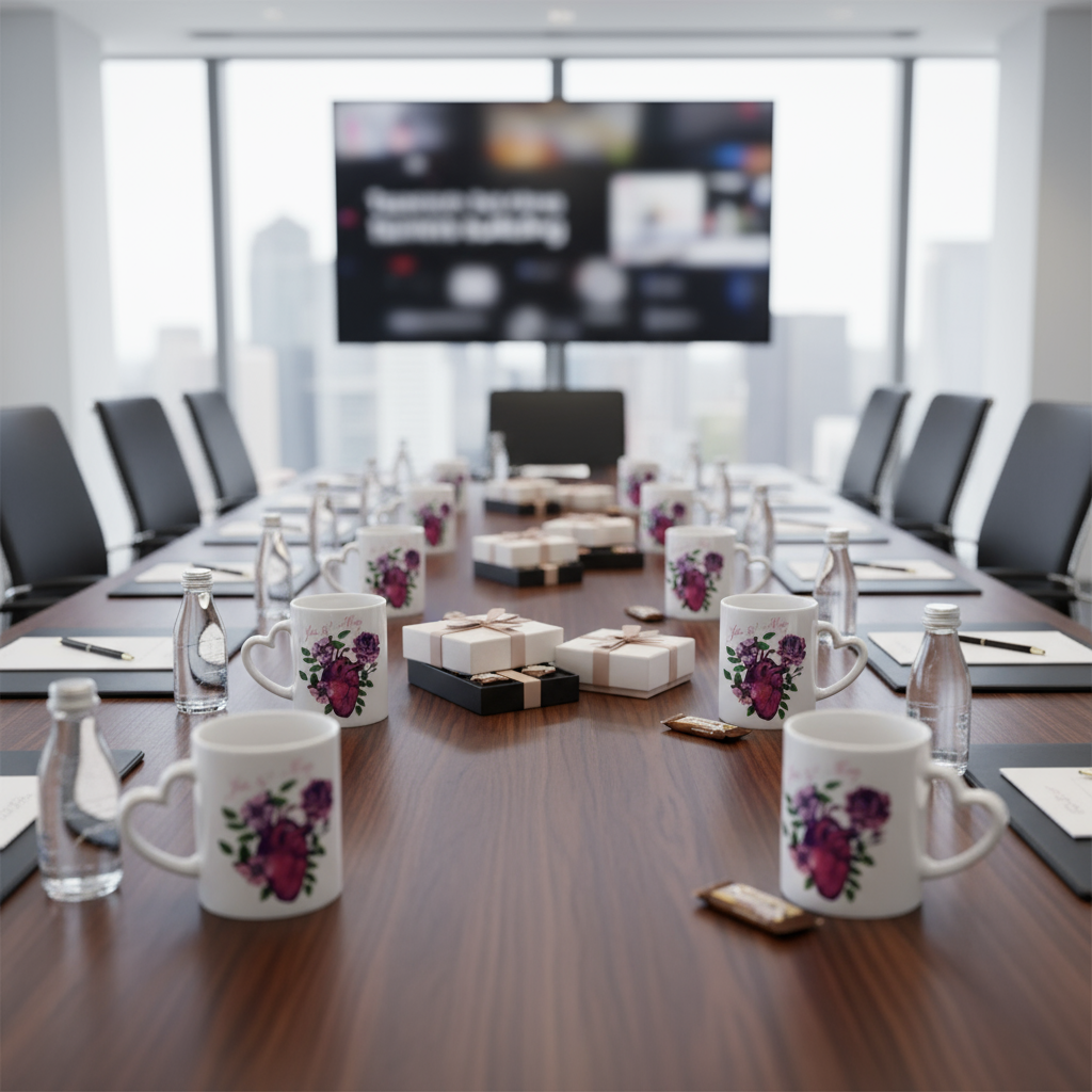 Corporate meeting with branded mugs