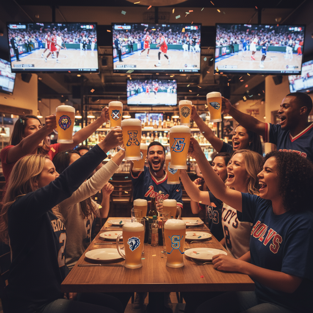 Sports bar with frosted beer mugs