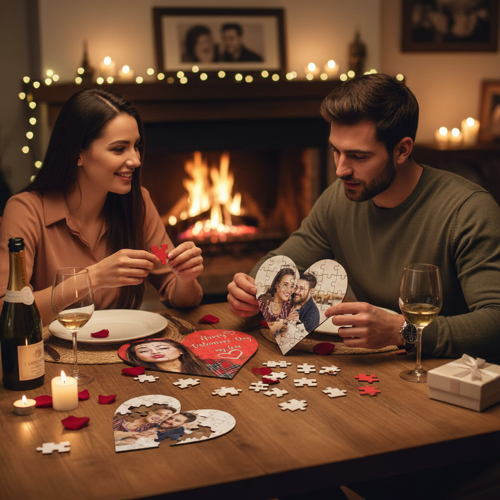 Couple assembling puzzle together