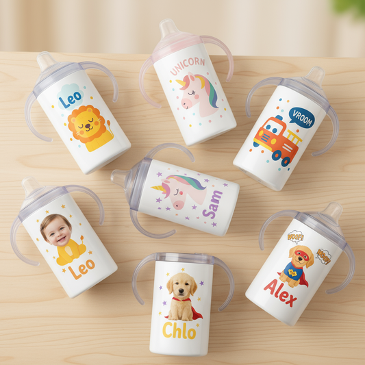 Personalized 12 oz Slim Kids Sippy Cup - Custom Photo & Name Toddler Drinkware