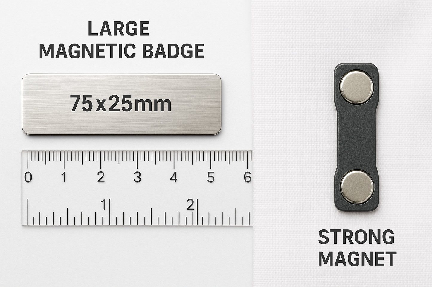 Magnetic badge with size reference and mechanism