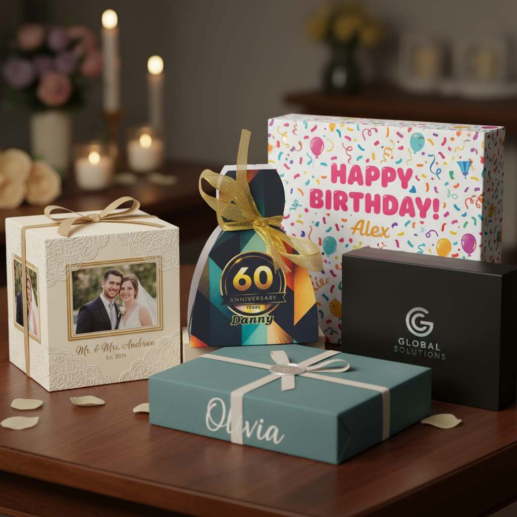 Multiple custom gift boxes showing variety