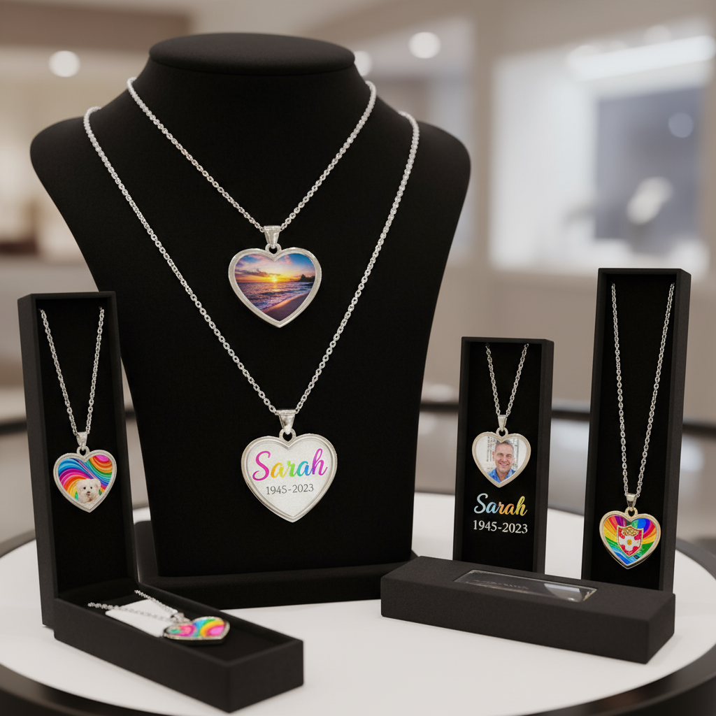 Multiple heart necklaces with different vibrant sublimation designs
