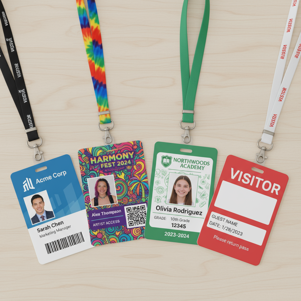 Multiple ID badges showing variety