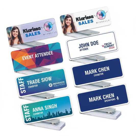 Multiple name badges showing variety