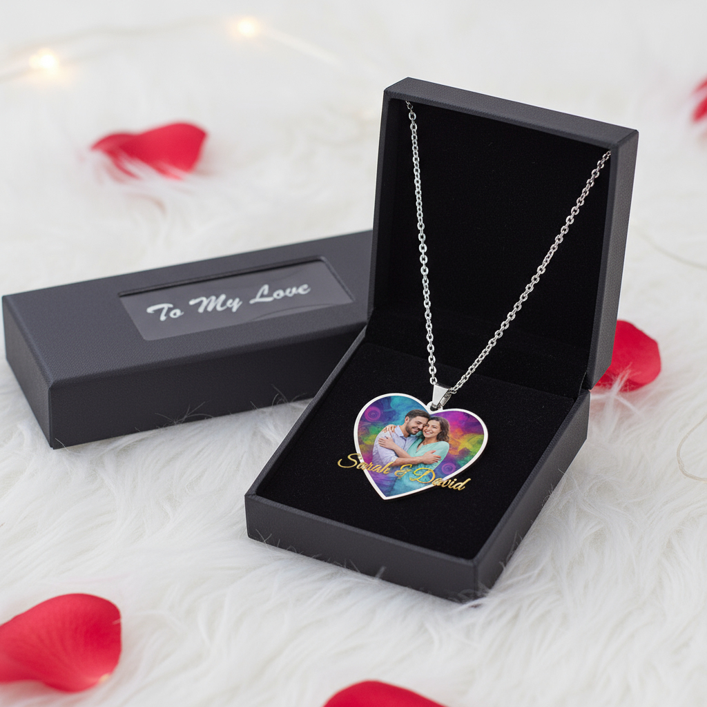 Opened gift box revealing heart necklace with vibrant sublimation print