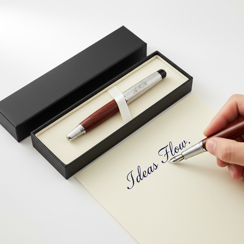Opened gift box showing pen writing smoothly