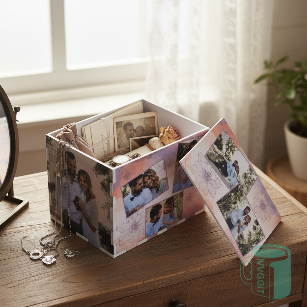 Opened keepsake box with jewelry and mementos