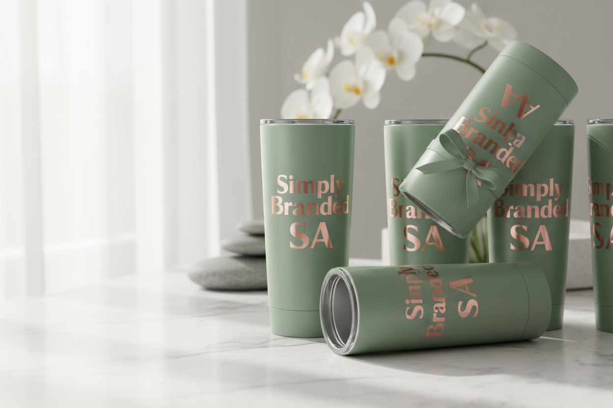 Sage green tumblers with rose gold Simply Branded SA text