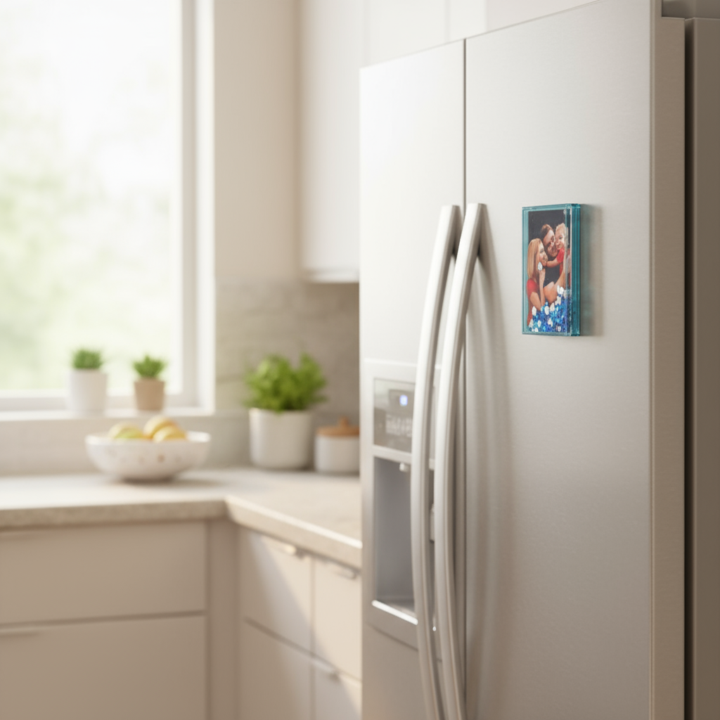 Snow globe magnet on refrigerator