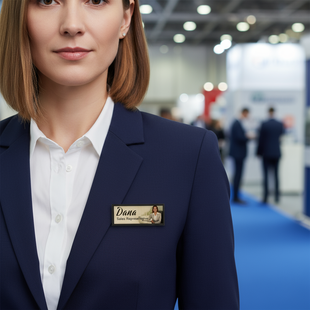 Trade show exhibitor pin badge