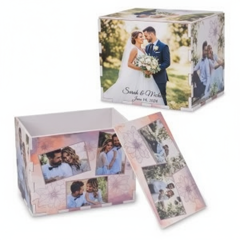 Wedding keepsake box with couple photo and names