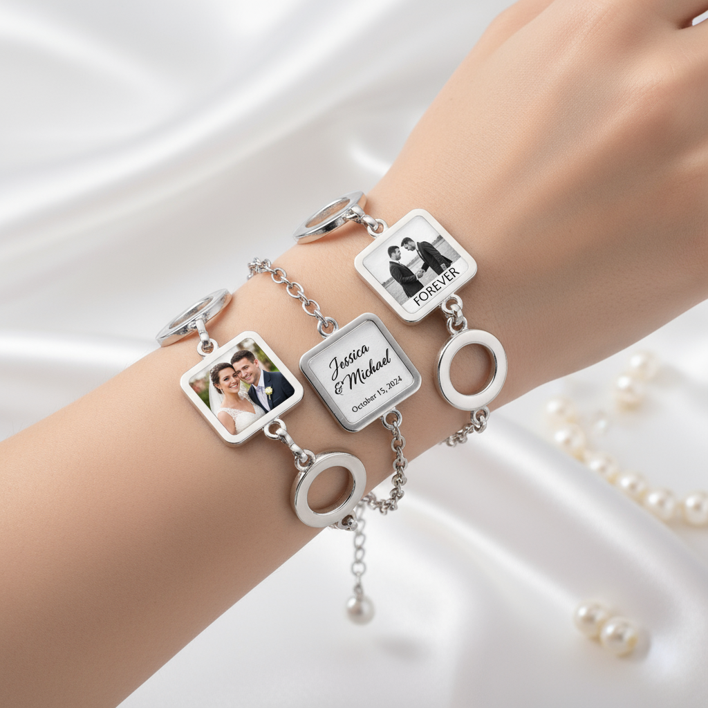 Wedding metal bracelet with 3 square photo charms