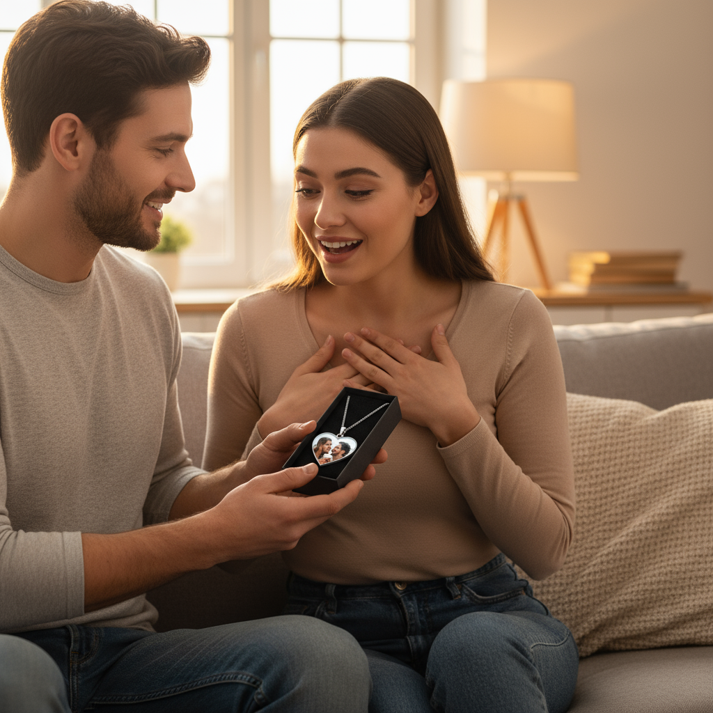 Woman receiving heart necklace with colorful sublimation print