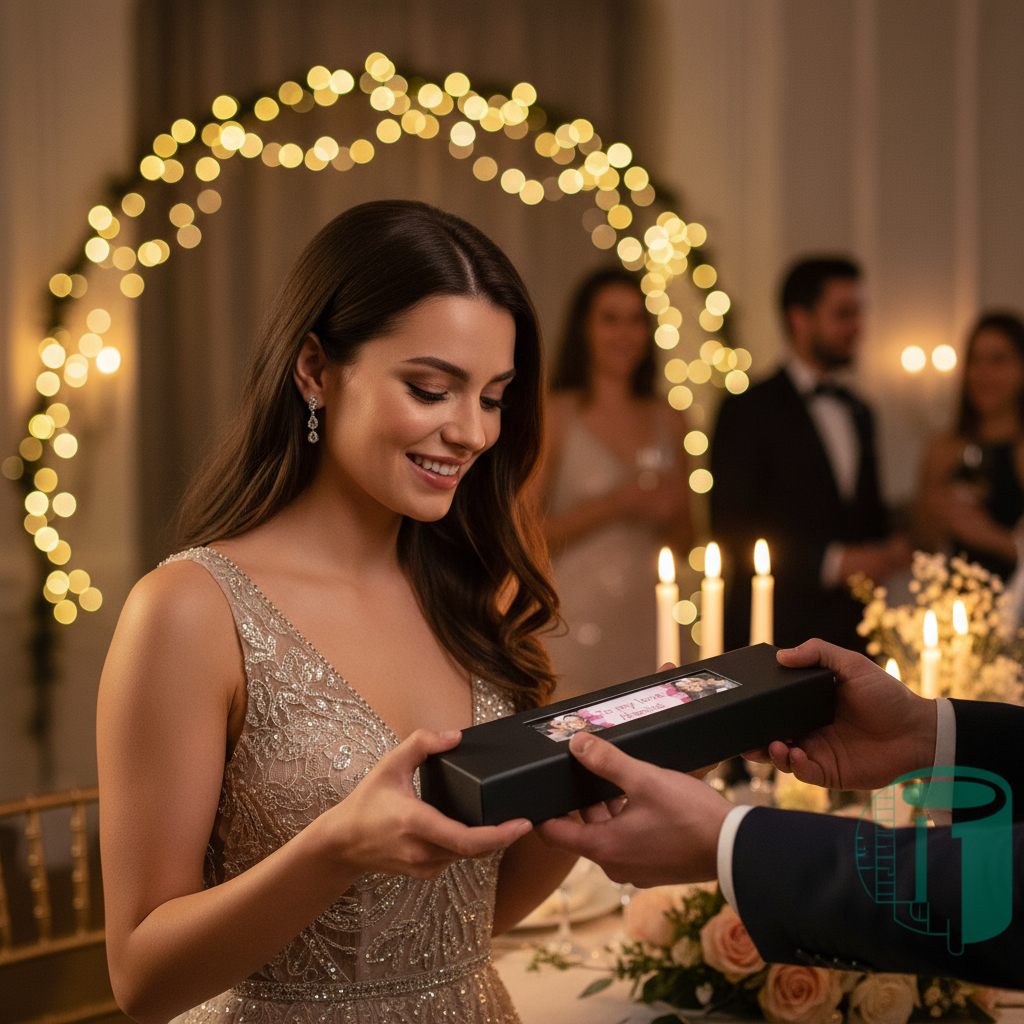 Woman receiving luxury black gift box
