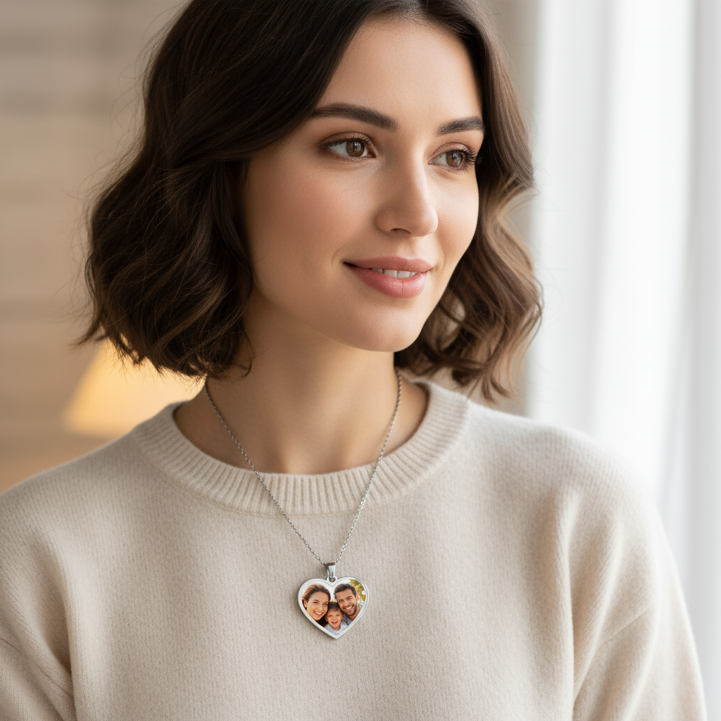 Woman wearing heart necklace with visible colorful sublimation print